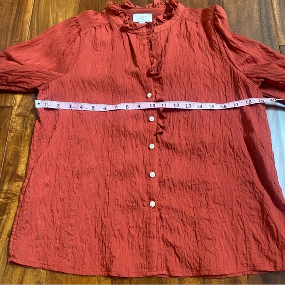 Loft Women’s Long Sleeve Peasant Blouse Ruffles Button Up Rust Orange Size Small - Picture 4 of 7